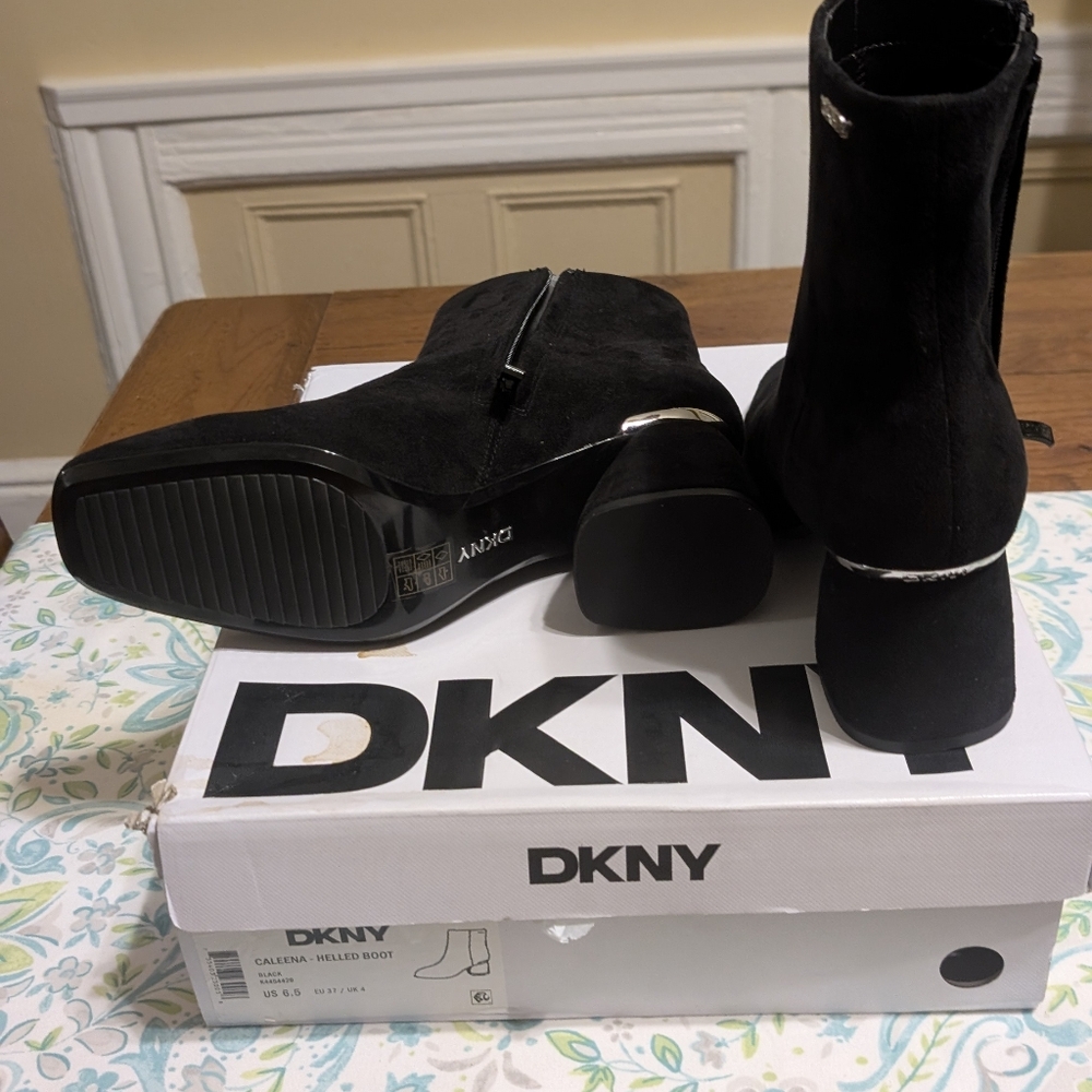 DKNY Black Suede Women's Caleena Heeled Ankle Boots, NIB, Size 6.5